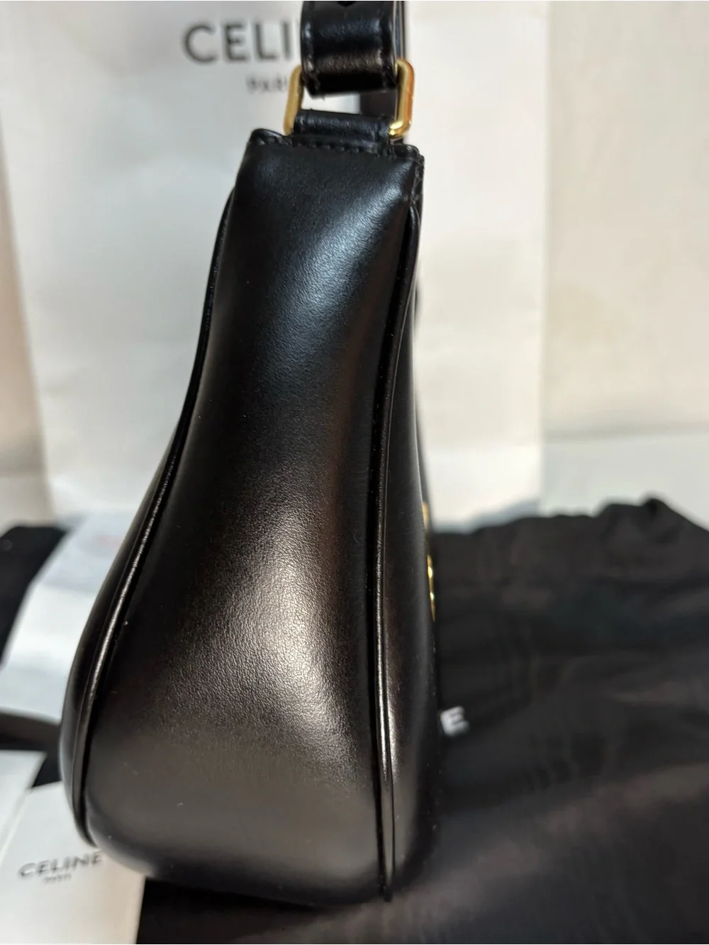 Celine Black Leather Shoulder Bag with Gold Triomphe Emblem - Picture 6 of 12